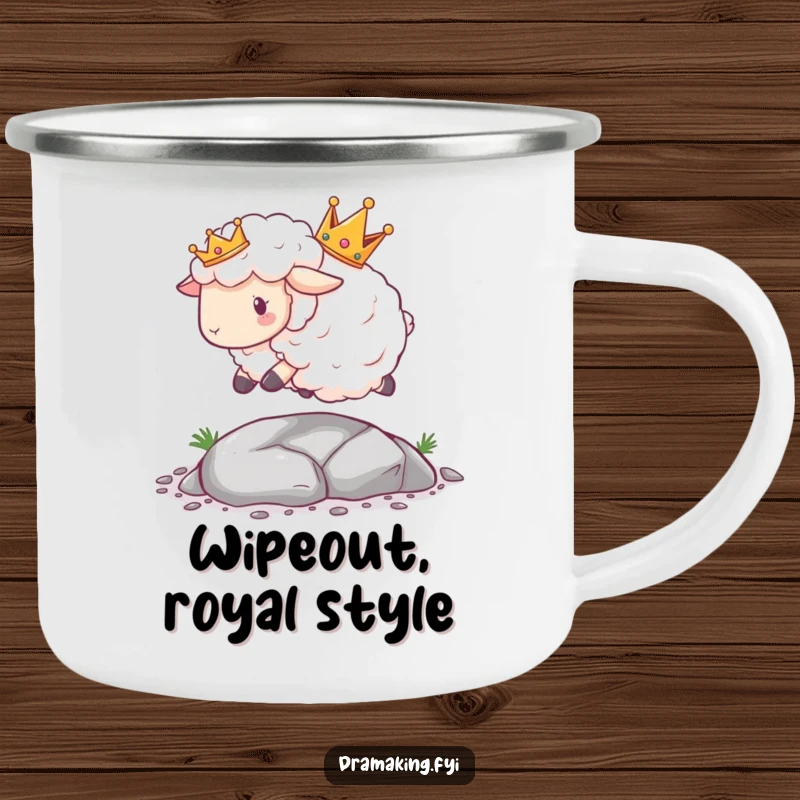 Funny Sheep Crown Camping Mug showing a fluffy sheep with a crown tripping over a tiny pebble, durable and humorous for outdoors.