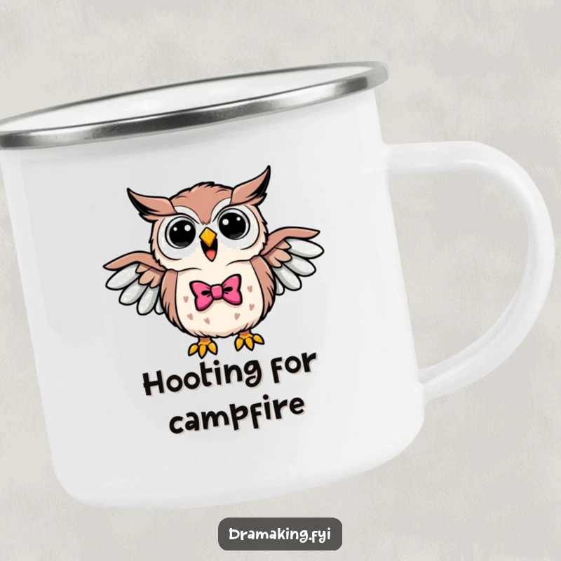 Funny camping mug with a triumphant owl wearing a bowtie, hooting loudly with wings outstretched, ready for outdoor wisdom.