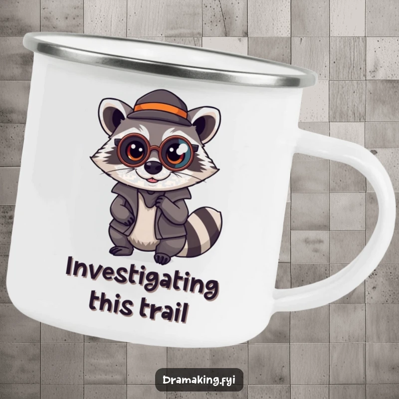 Funny Raccoon Detective Camping Mug: A mischievous raccoon in a monocle as a detective, ready for outdoor adventures, a funny gift.