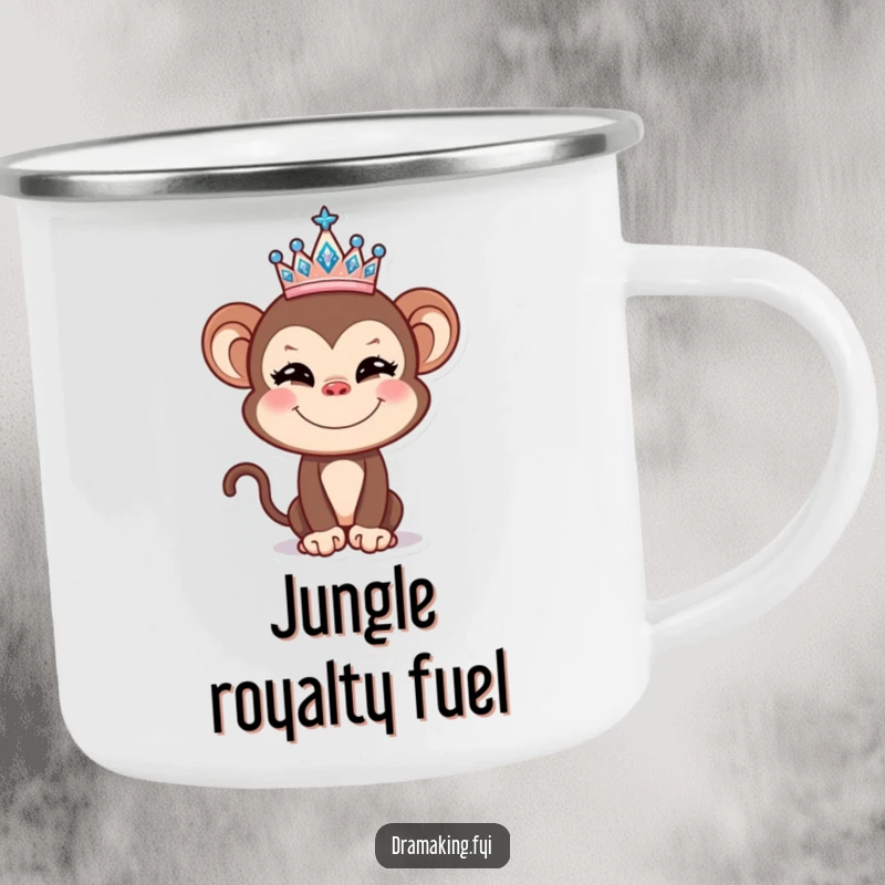 Funny Monkey Tiara Camping Mug with a mischievous monkey wearing a crown, ideal for enjoying drinks during outdoor escapades.
