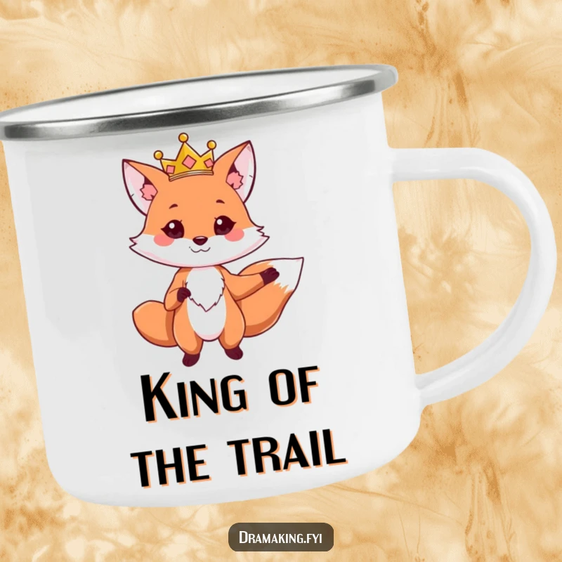 Funny enamel camping mug showing a cute fox with a crown, striking a dramatic pose, ready for royal outdoor enjoyment.