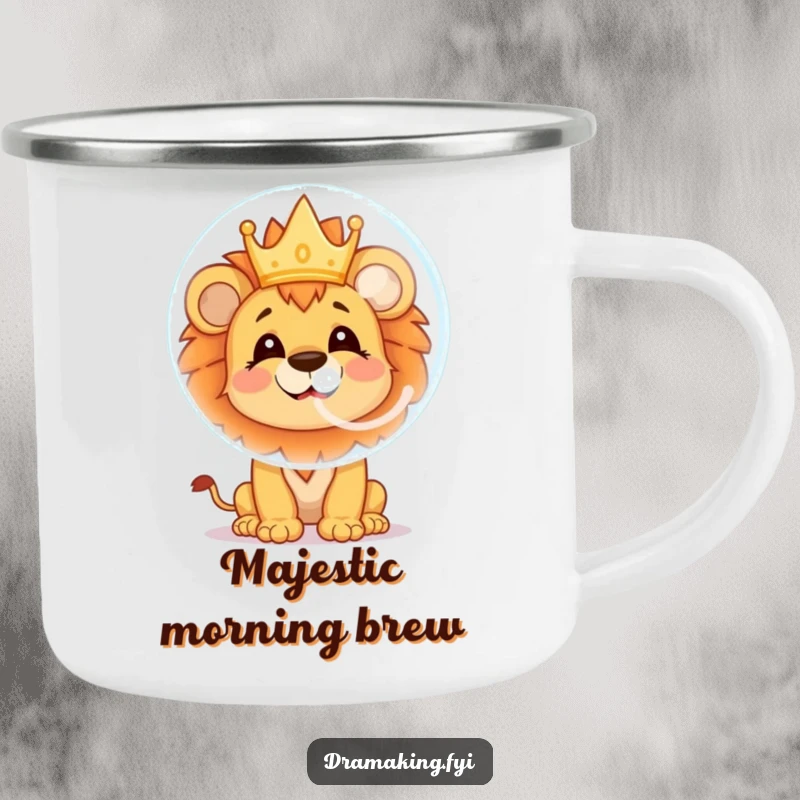 Funny lion cub camping mug featuring a cheerful character blowing a soap bubble with a crown reflection, built for adventure and joy.
