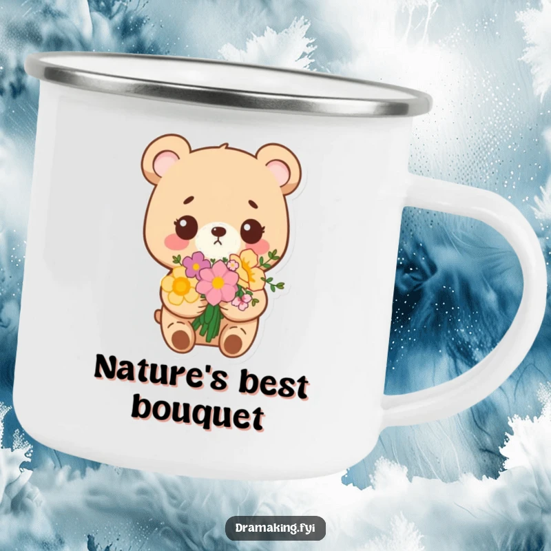 Funny enamel camping mug showing a small bear with flowers, looking overly pleased, ready for happy outdoor sips.
