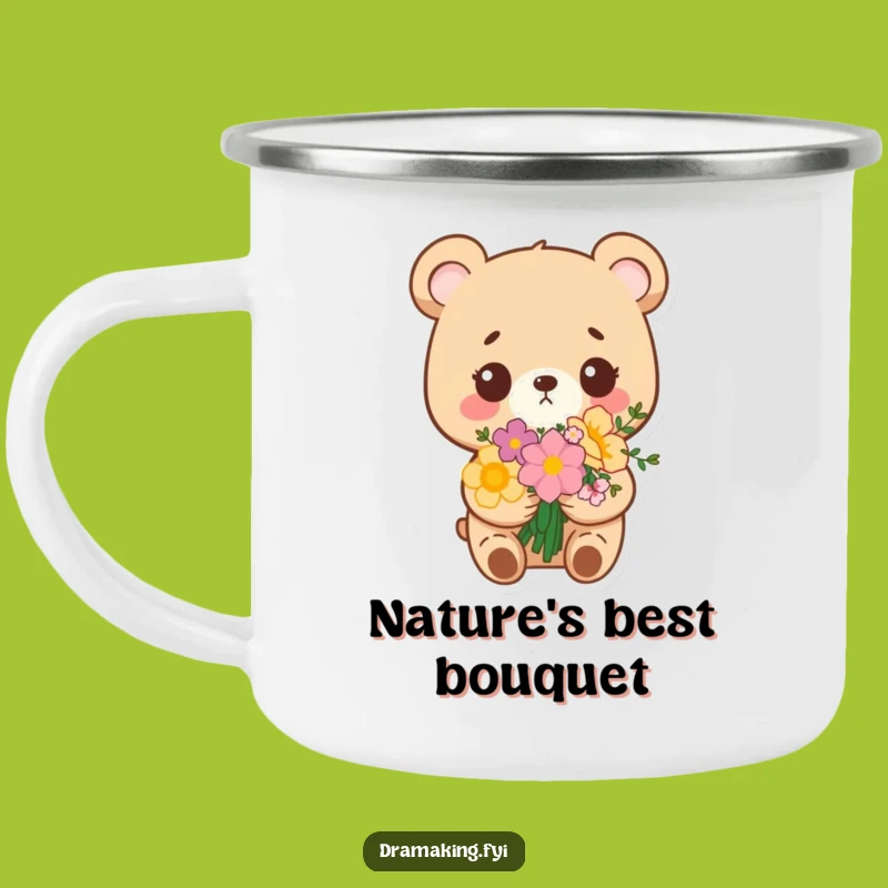Funny Bear Bouquet Camping Mug: Enamel Smug Bear Cup, Rugged & Hilarious Gift!