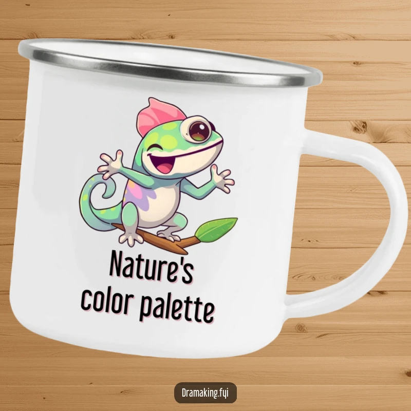 Funny Chameleon Camping Mug: A cheerful chameleon joyfully changing colors in a dramatic pose, perfect for outdoor adventures and humorous hydration.