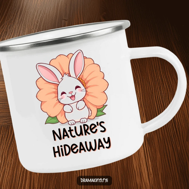 Funny rabbit camping mug with a happy bunny peeking from a large flower. Durable and humorous, perfect for outdoor trips.