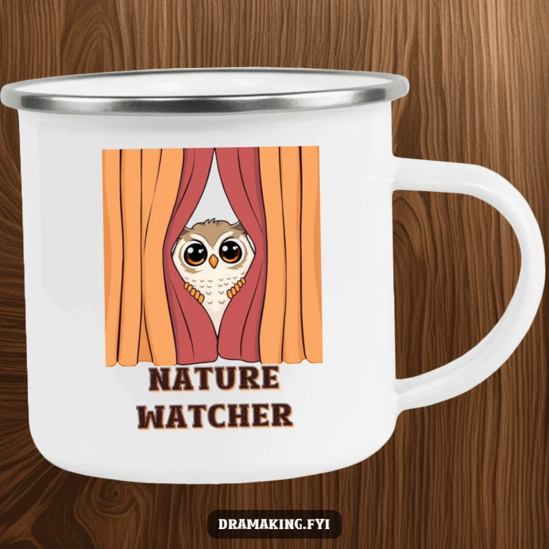 Funny Shy Owl Camping Mug, showing a curious owl peeking from behind a dramatic curtain, surprised by attention, perfect for outdoor curiosity.