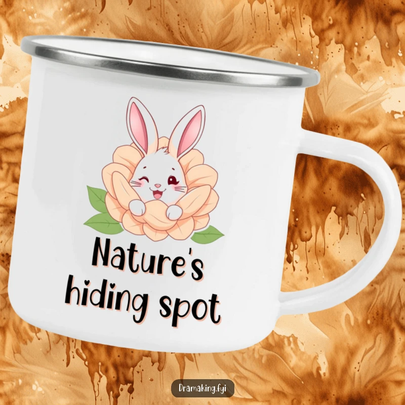 Funny camping mug featuring a happy rabbit peeking from behind a giant flower, perfect for outdoor whimsy.