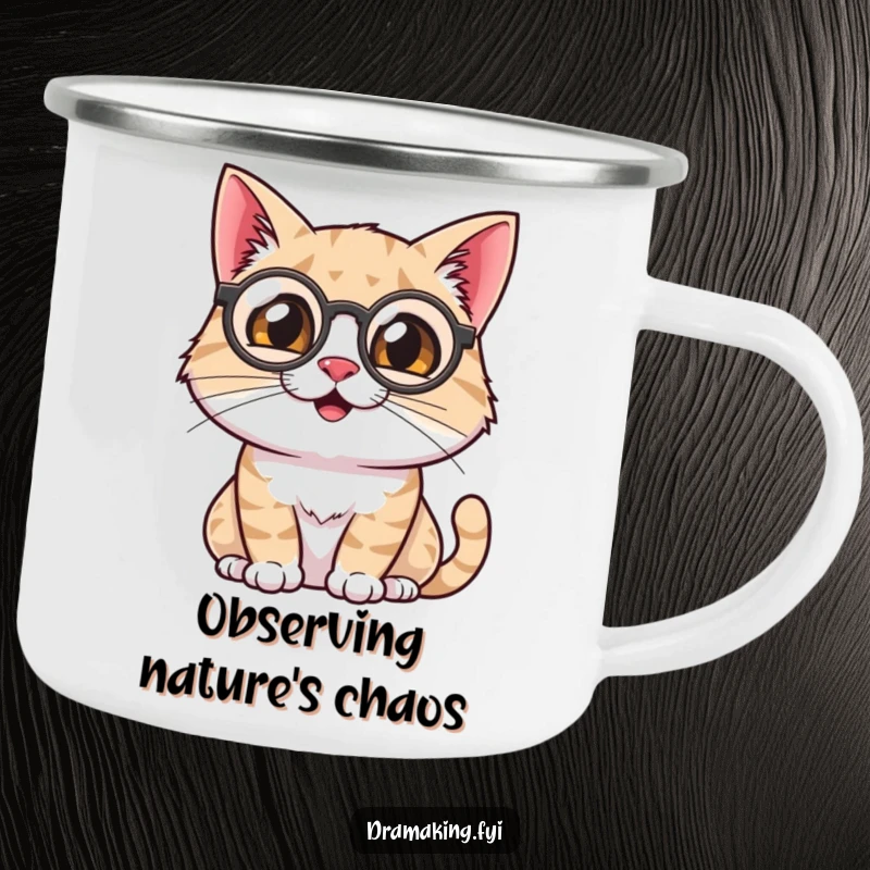 Funny Cat Camping Mug: A smiling cat with a monocle surveys the scene theatrically, perfect for enjoying beverages outdoors with flair.