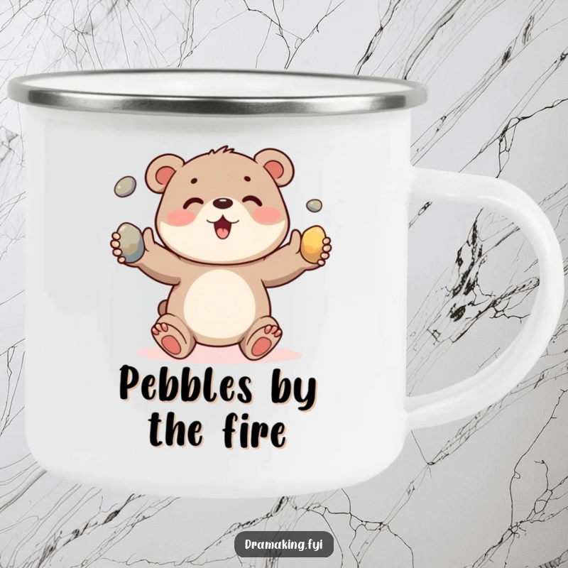 Funny camping mug showing a cheerful bear cub juggling three smooth pebbles, perfect for humorous outdoor enjoyment.