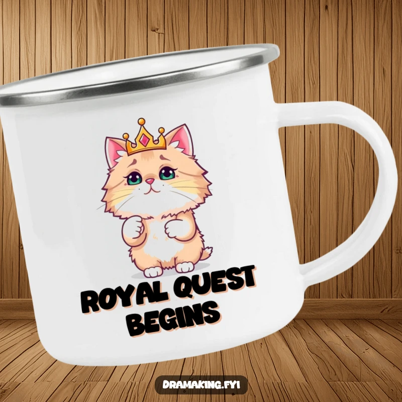 Funny camping mug featuring a regal cat in a crown, pointing importantly, perfect for outdoor humor.