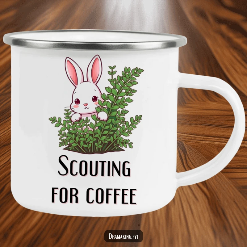 Funny rabbit peeking from behind a lush fern on a camping mug, embodying curiosity for outdoor adventures.
