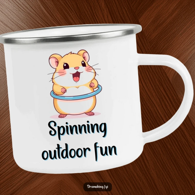 Funny camping mug featuring an excited hamster spinning a miniature hula hoop, perfect for outdoor energy.