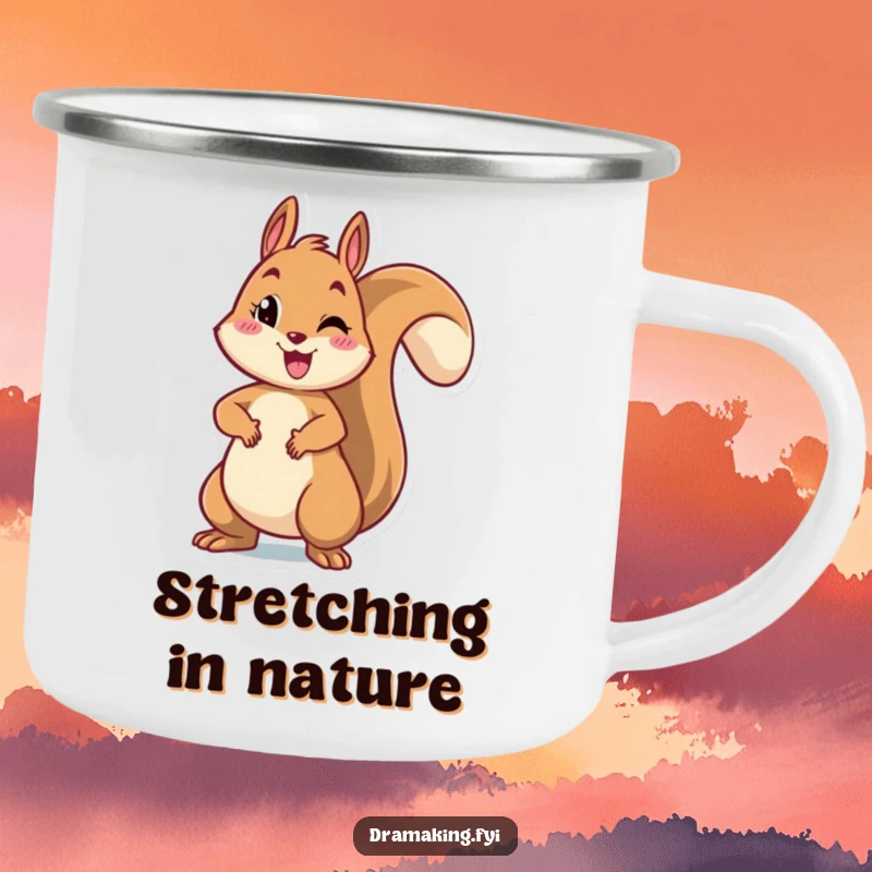 Funny camping mug featuring a cheerful squirrel striking a dramatic pose with arms outstretched, perfect for outdoor enthusiasts who embrace humor.