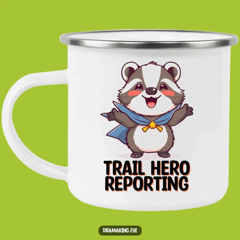Funny Heroic Badger Camping Mug: Joyful Cape Fan for Outdoor Adventures