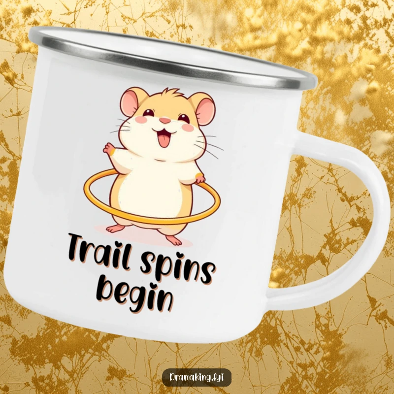 Funny camping mug with a cheerful hamster, excited and spinning a miniature hula hoop, for energetic outdoor use.