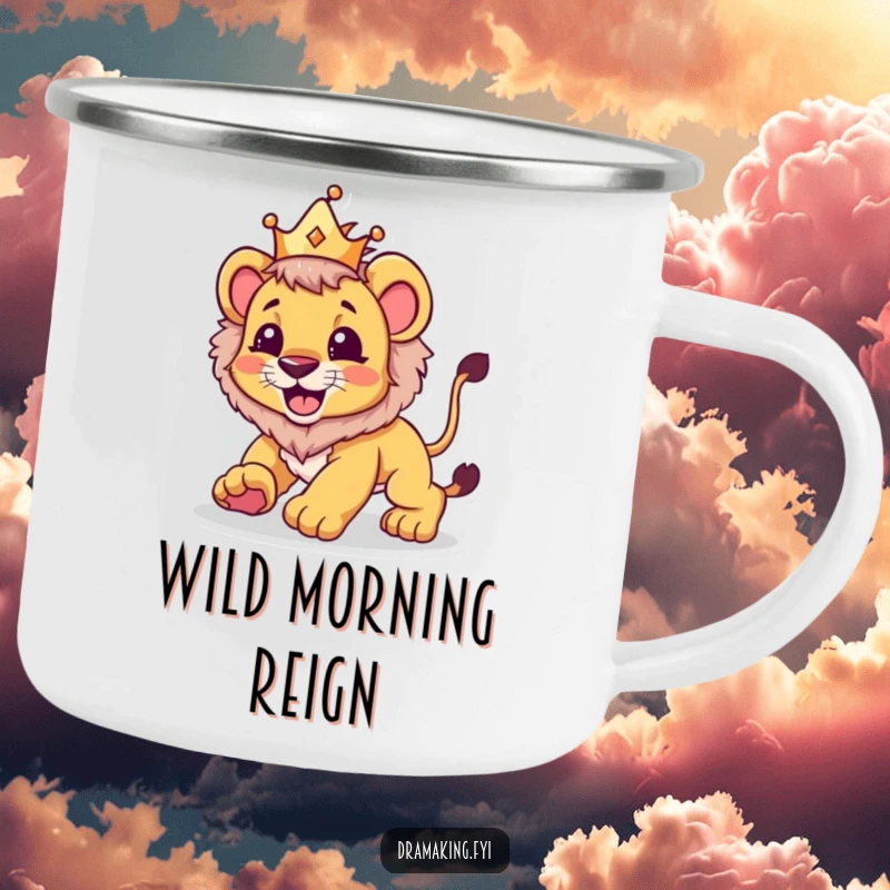 Funny camping mug featuring a lion cub in a crown playfully pouncing, bringing regal humor to outdoor activities.