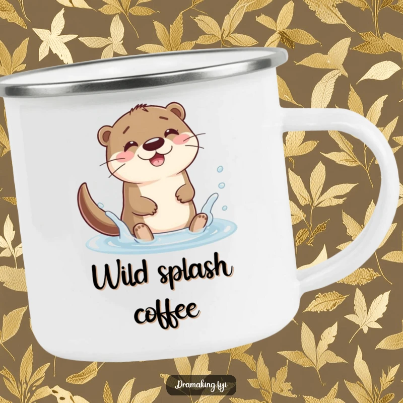Funny otter character splashing joyfully in a puddle on a camping mug, embodying pure joy for outdoor fun.