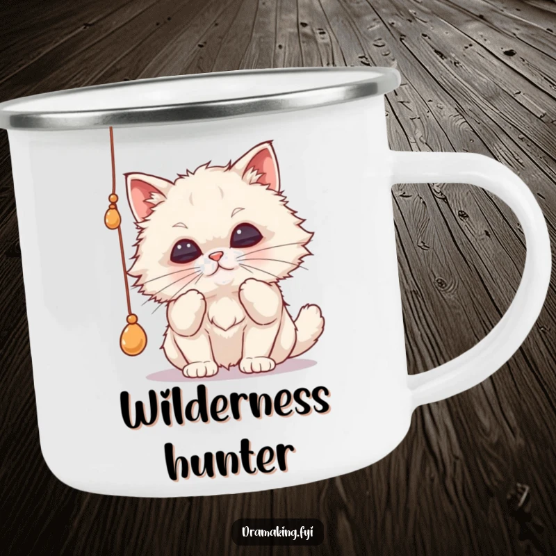 Funny cat camping mug showing a fluffy cat batting a string with pursed lips, ready for outdoor fun and humorous sips.