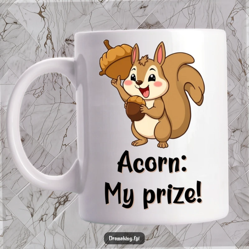Funny happy squirrel character striking a theatrical triumphant pose holding a giant acorn, celebrating success, witty mug.