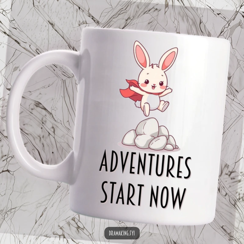 Funny Hero Bunny Mug, a playful bunny wearing a cape, leaping over imaginary obstacles, embodying fun and determination.