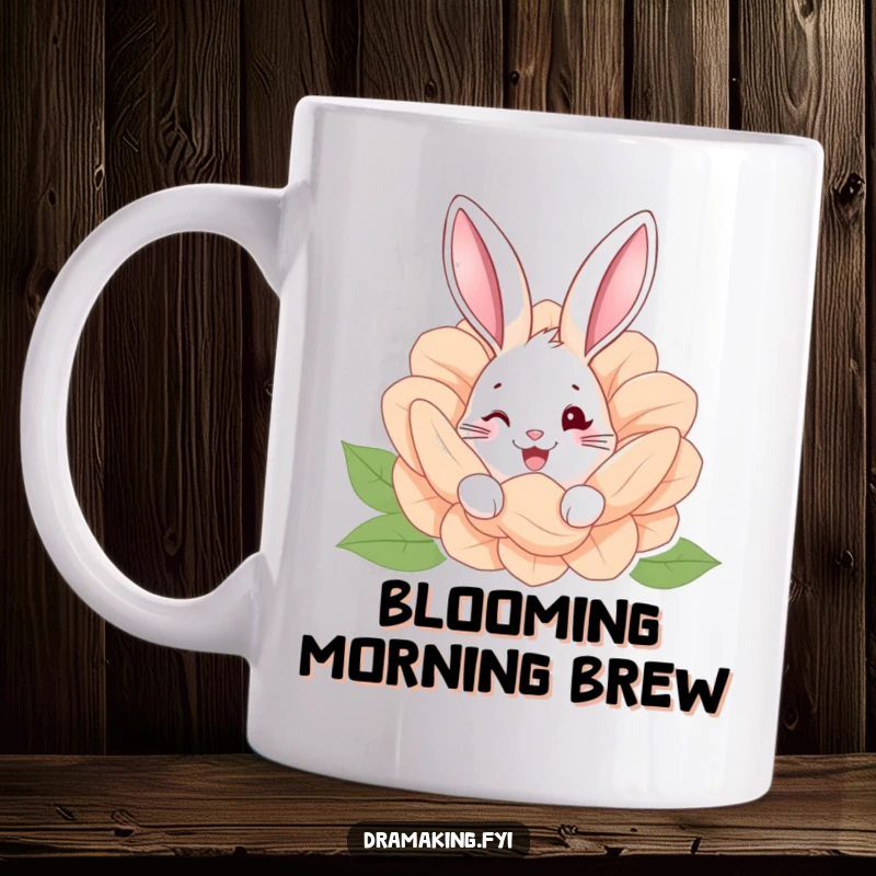 Funny mug featuring a happy rabbit with a twinkle, peeking mischievously from behind a giant flower, a garden delight.