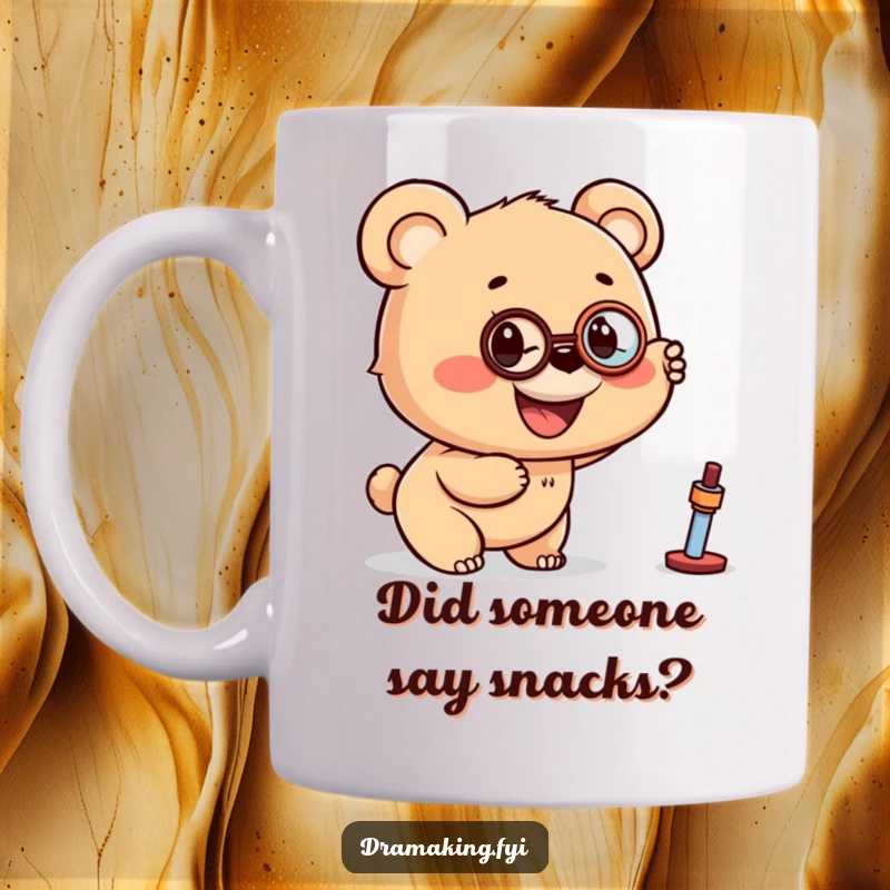 Funny mug showing a smiling bear cub wearing a monocle, pointing excitedly at a distant, intriguing object.