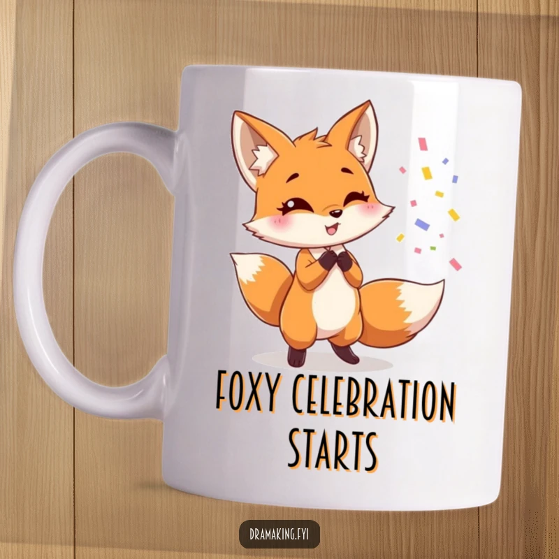 Funny fox mug, showing a cute fox dramatically throwing confetti while striking a pose, a celebratory and humorous drinkware.