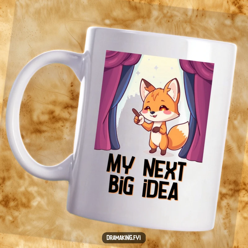 Funny Fox Stage Director Mug with a playful fox dramatically pointing towards an imaginary, sparkling stage, embodying funny direction.