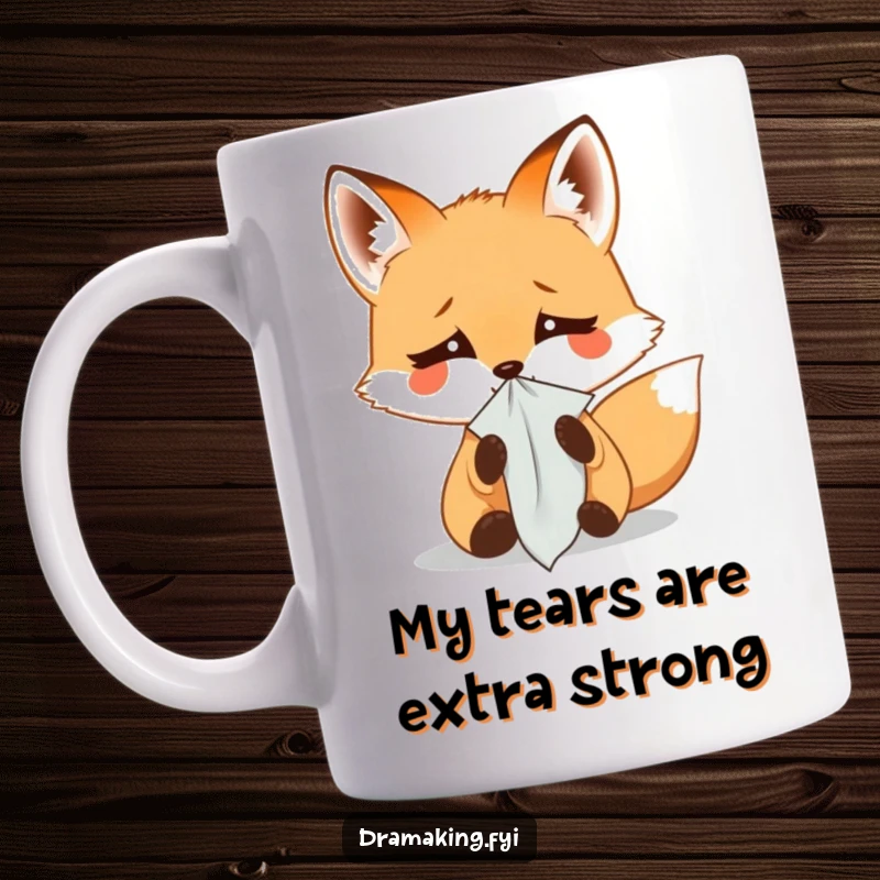 Funny mug featuring a small fox dramatically weeping into a tiny handkerchief, conveying exaggerated sadness with a humorous touch.
