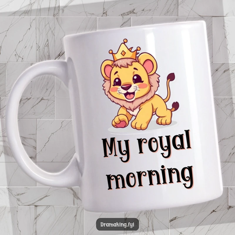 Funny mug featuring a beaming lion cub wearing a small crown, playfully preparing to pounce with energetic spirit.