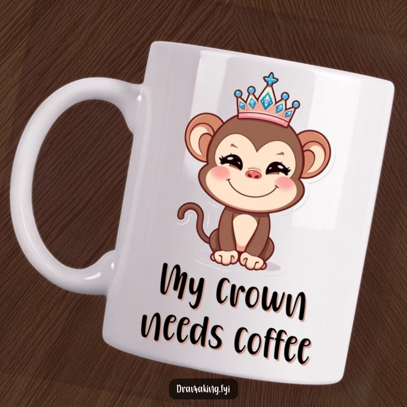 Funny Monkey Mug with a mischievous monkey balancing a sparkly tiara, ready for a day of playful fun and laughter.