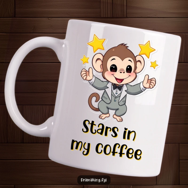 Funny mug featuring a playful monkey in a tuxedo skillfully juggling three shining stars, a spectacle of cosmic fun.
