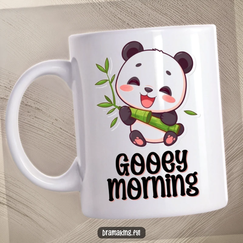 Funny Mug showing a delighted panda character peacefully munching on a fresh bamboo stalk, radiating contentment and joy.