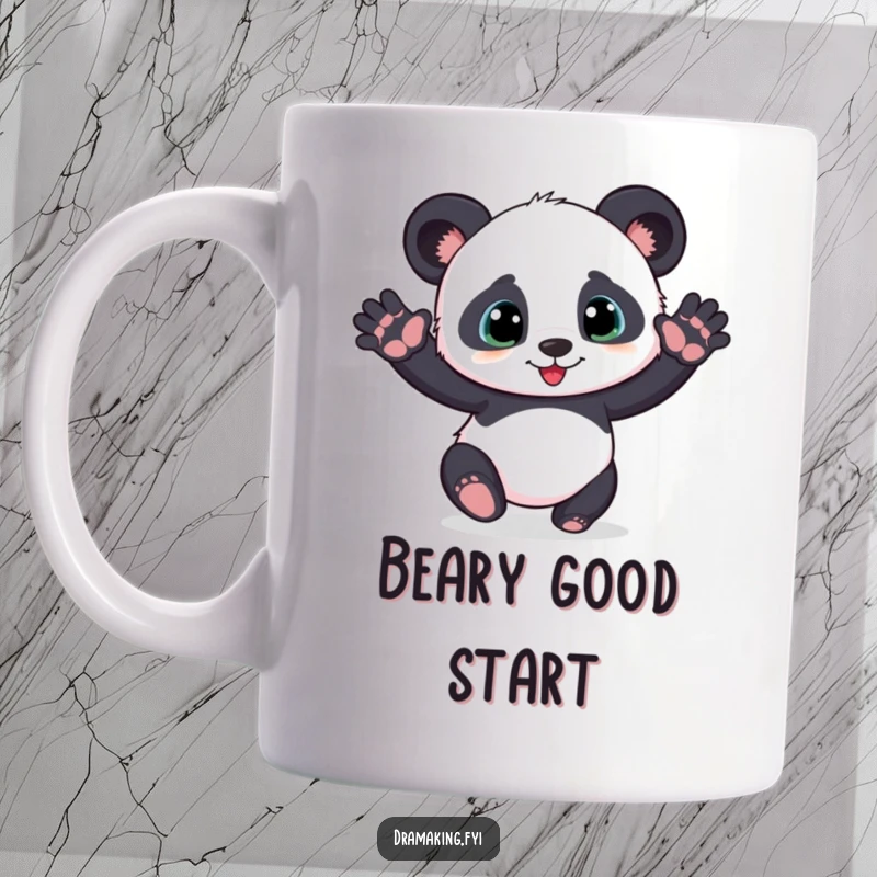 Funny playful panda cub mug striking a dramatic pose with outstretched paws, exuding adorable charm and humor.