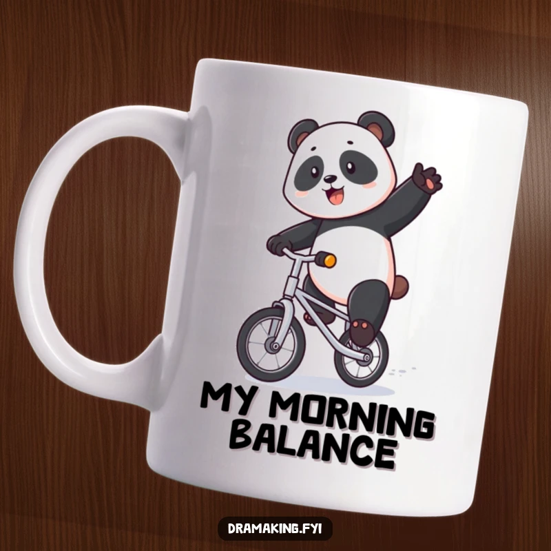 Funny panda mug featuring a majestic bear riding a tiny unicycle with exaggerated flair, showcasing balance and comical joy.