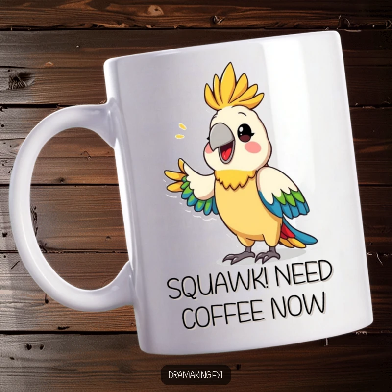 Funny parrot announcement mug of a proud parrot with colorful feathers dramatically proclaiming something to the viewer.