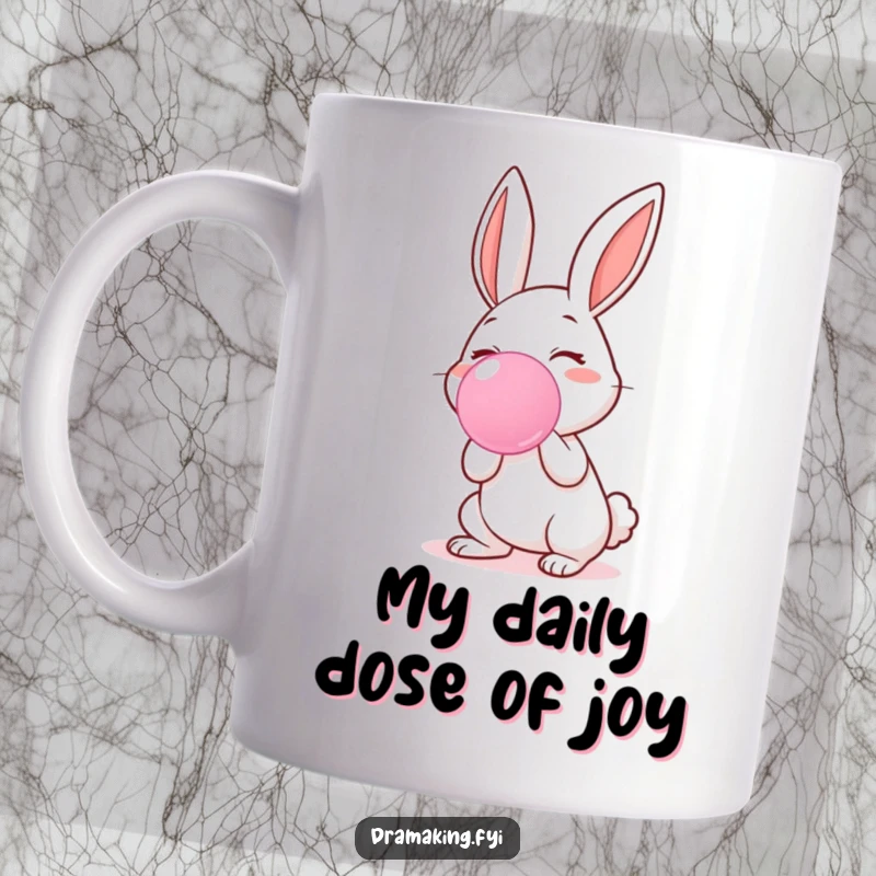 Funny mug featuring a joyful cartoon rabbit character enthusiastically blowing a huge, shiny pink bubblegum bubble, radiating happiness.