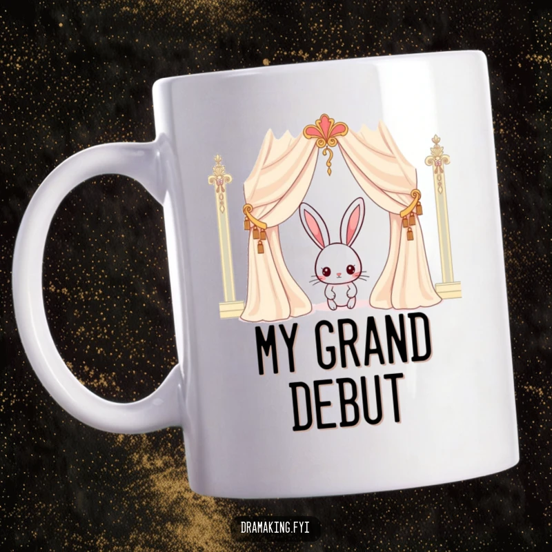 Funny curious rabbit mug peeking from behind an ornate curtain, ready for a grand entrance, ideal for unique coffee lovers.