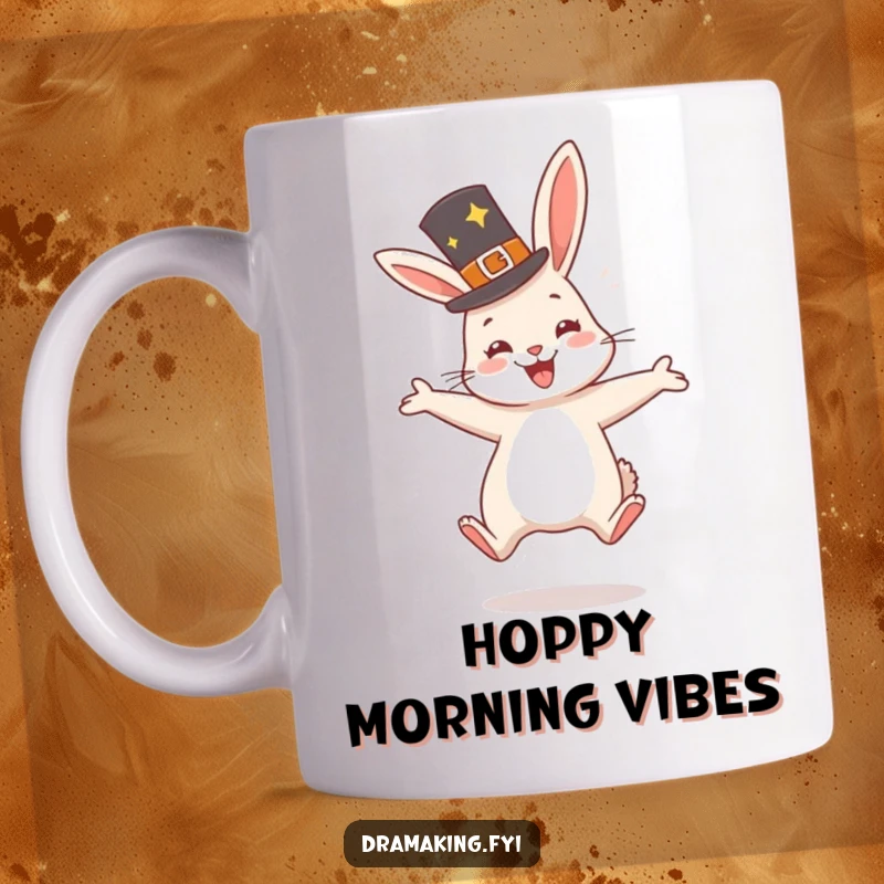 Funny Rabbit Hat Mug shows a very happy rabbit wearing a fancy hat, jumping with glee and overflowing with joy.