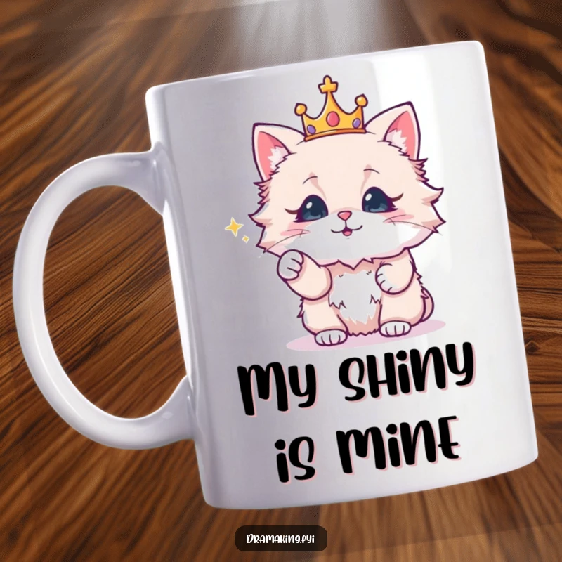 Funny mug with a fluffy cat wearing a crown, dramatically pointing at a small, sparkling object, for regal cat lovers.