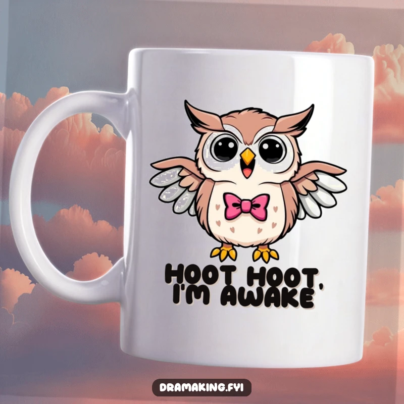 Funny mug with a triumphant owl wearing a bowtie, spreading its wings and hooting loudly with ecstatic joy.