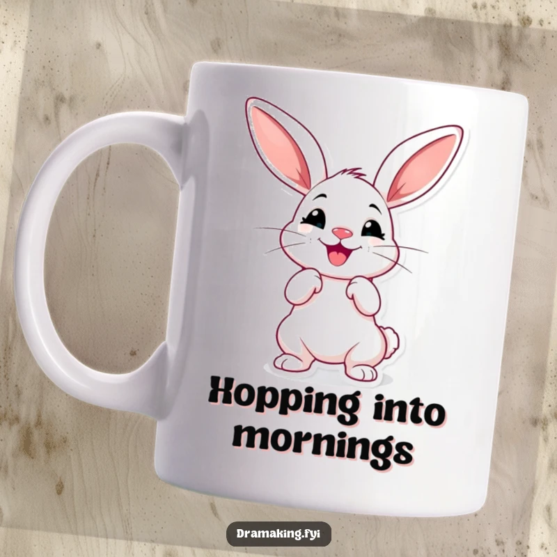 Funny cheerful rabbit mug with oversized ears, striking a dramatic pose, exuding theatrical flair and charm.