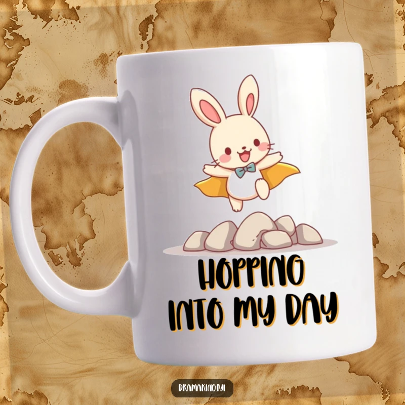 Funny mug showing a playful bunny wearing a cape, leaping heroically over small imaginary obstacles, radiating fun.