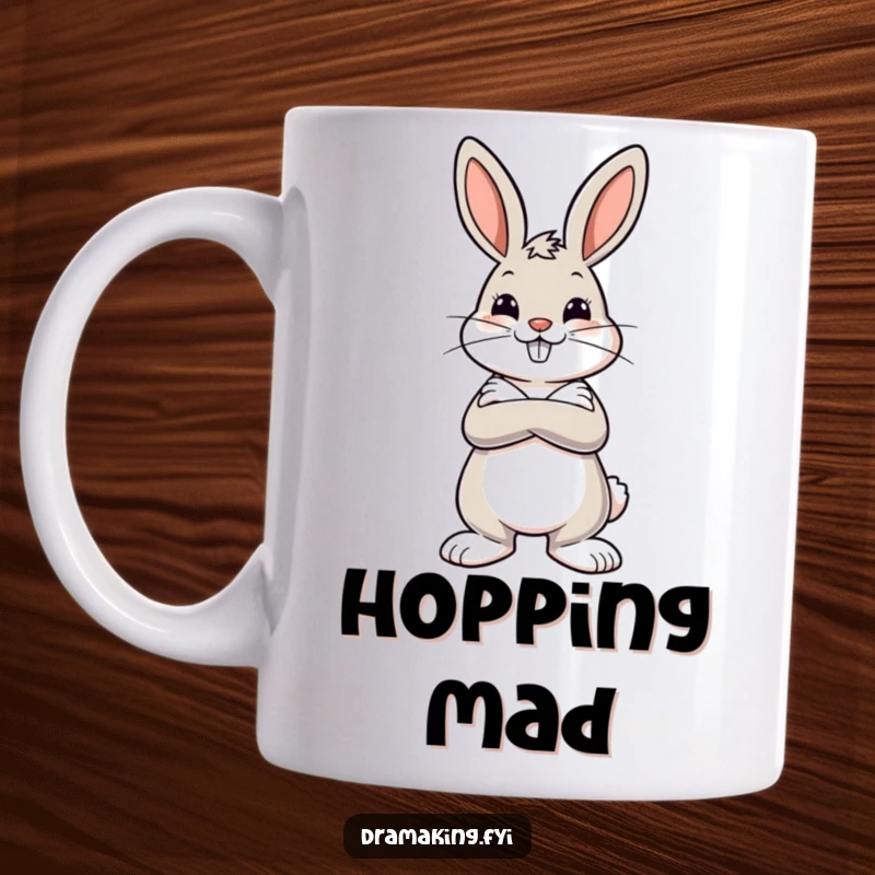Funny mug art of a cheerful bunny with crossed arms striking a dramatic and confident pose, radiating sass and attitude.