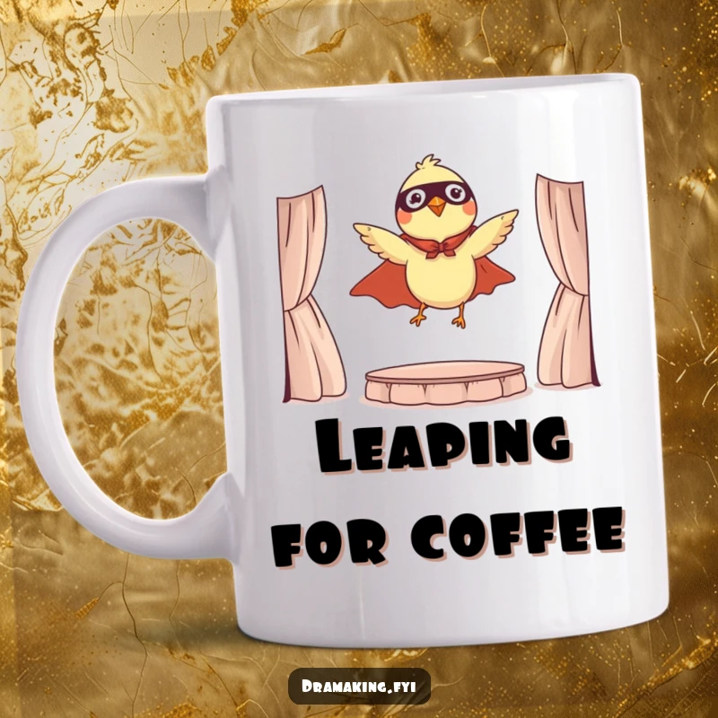 Funny mug featuring a tiny bird in a cape, dramatically leaping from a miniature stage, embodying bravery.