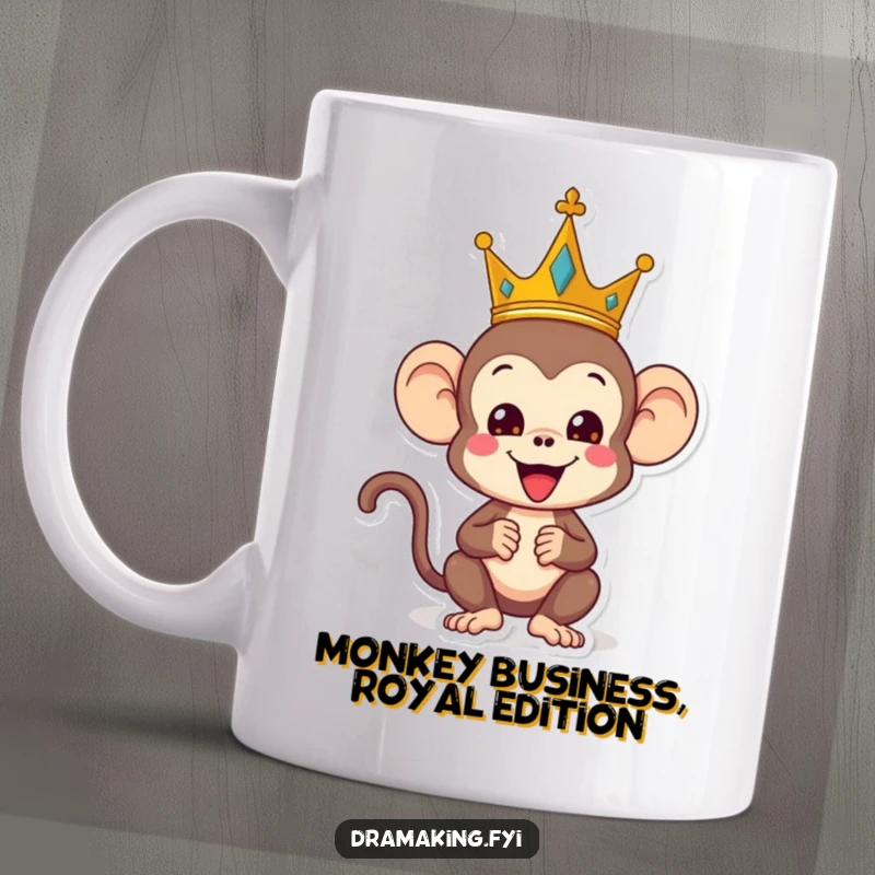 Funny monkey mug, showing a playful monkey wearing a crown and striking a regal yet silly pose, humorous royal character.