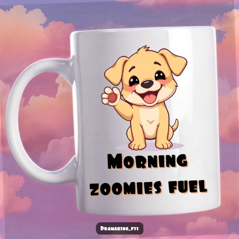 Funny mug featuring a playful puppy with a wide grin, striking a humorous pose with one paw raised.