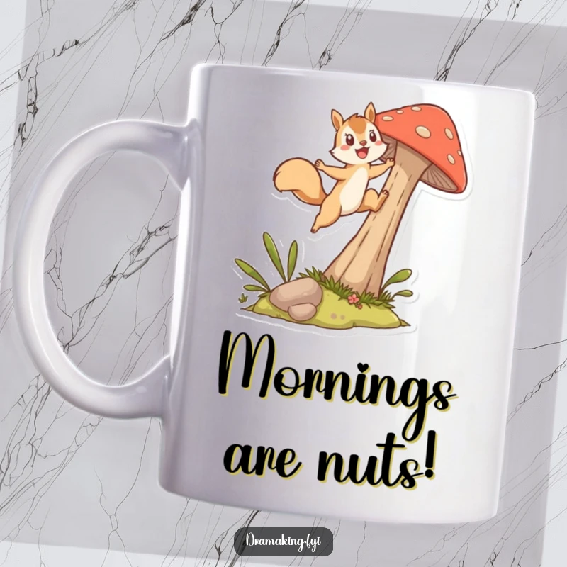 Funny Mug showing an energetic squirrel character mid-leap from a tall, vibrant mushroom, capturing a moment of pure, joyful action.