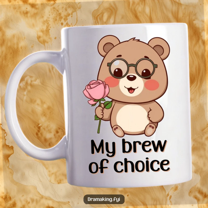 Funny bear mug, wearing a tiny monocle, proudly presenting a single, oversized rose with cheerful sophistication.